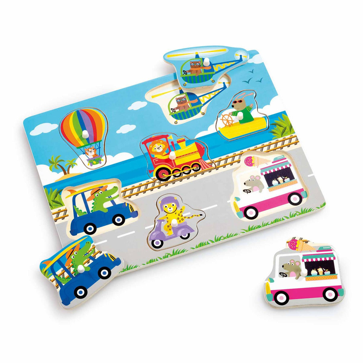 Woodlets Lift and Look Vehicles 7-Piece Peg Puzzle Addo