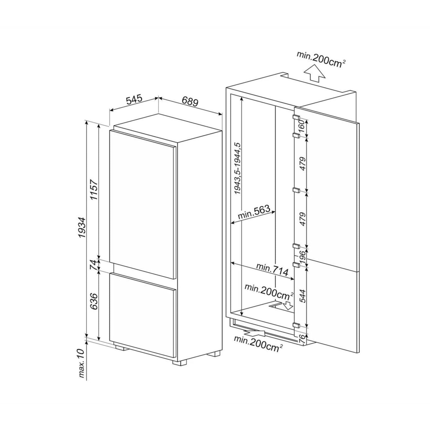 SMEG Refrigerator Built in Bottom Freezer 370 L