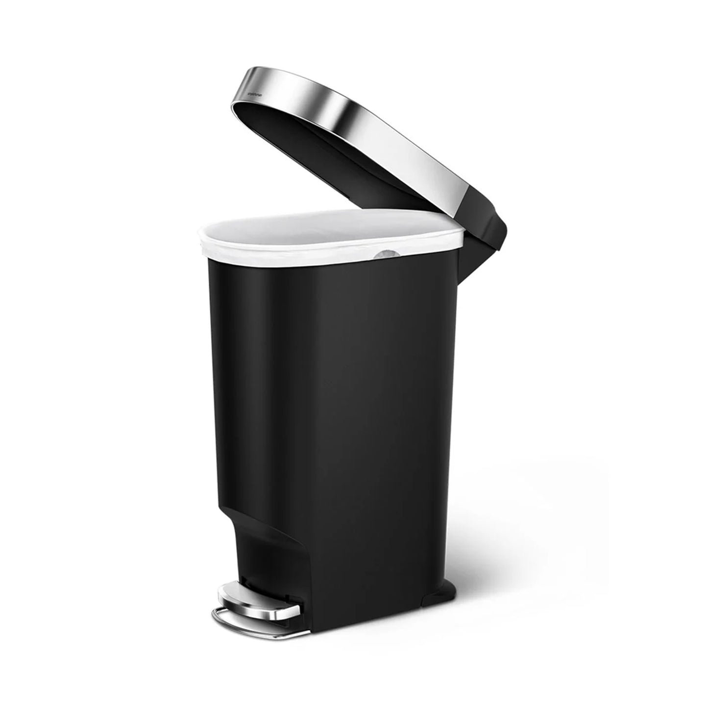 40L Slim Plastic Pedal Bin, Black W/Steel Trim