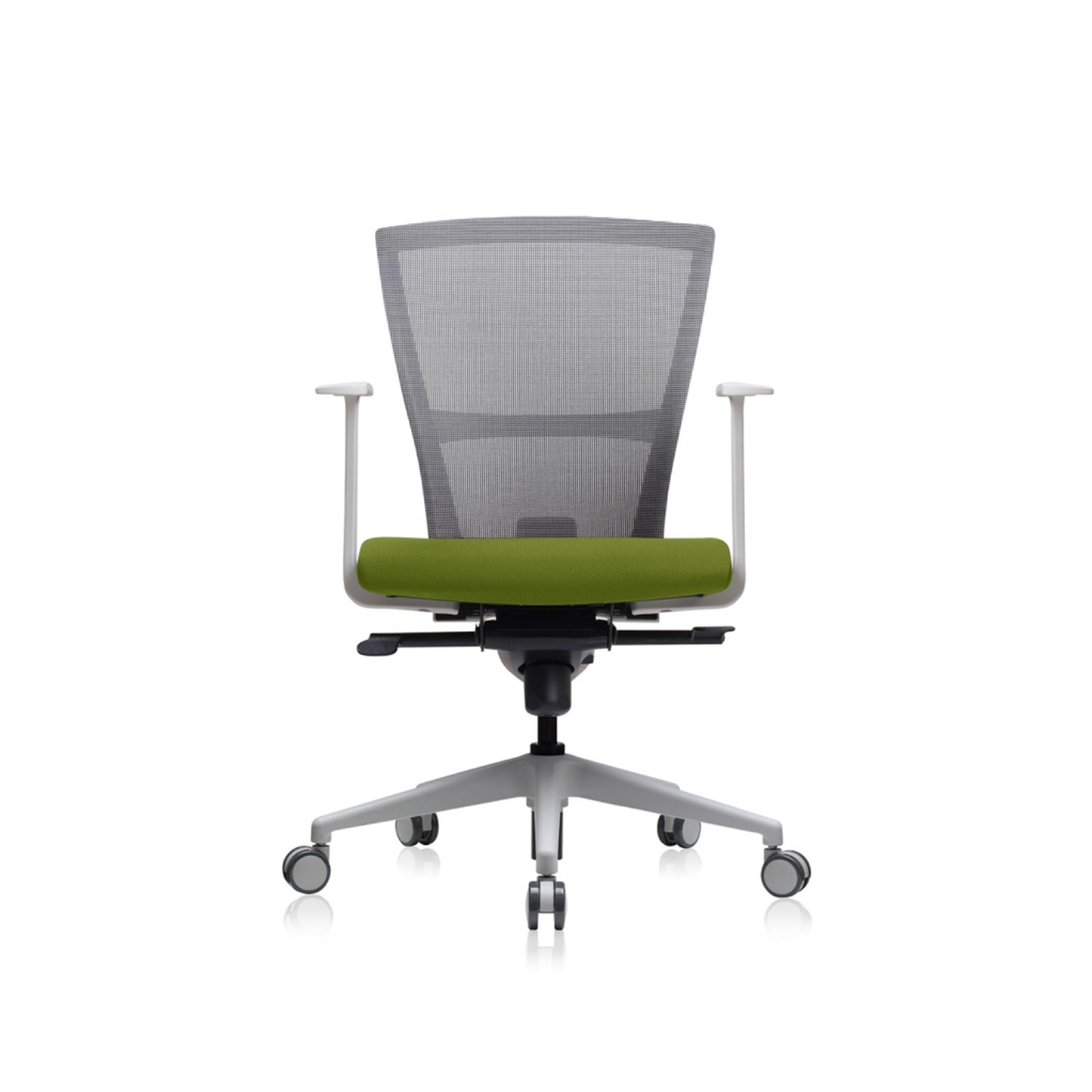 E1 Series Low Back Chair +Fixed Arms White/Green Fabric Seat