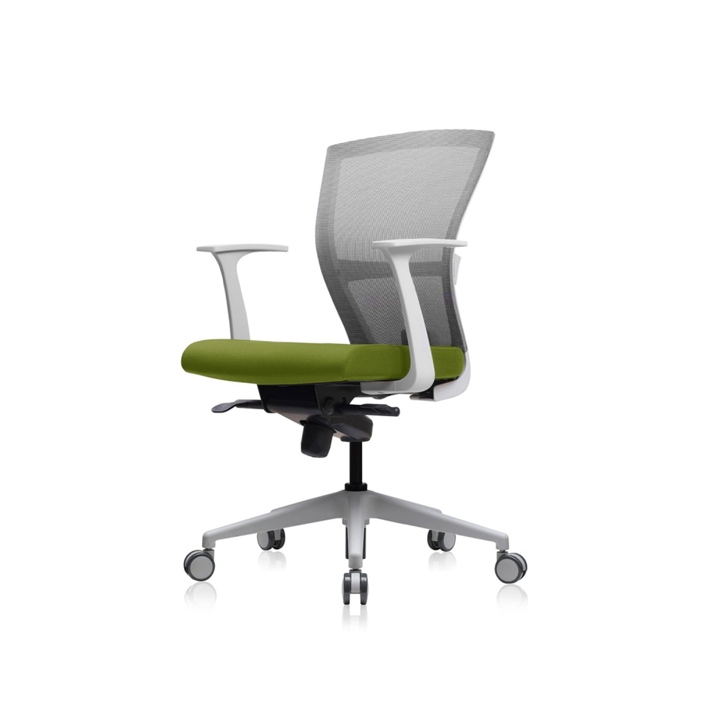 E1 Series Low Back Chair +Fixed Arms White/Green Fabric Seat