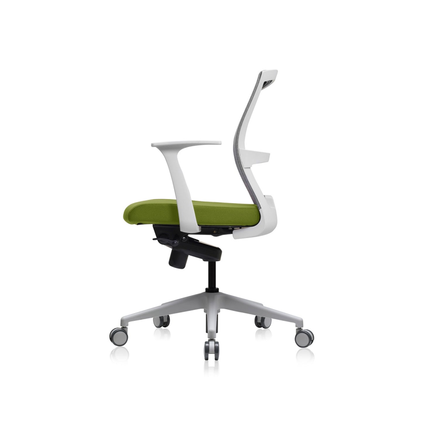 E1 Series Low Back Chair +Fixed Arms White/Green Fabric Seat