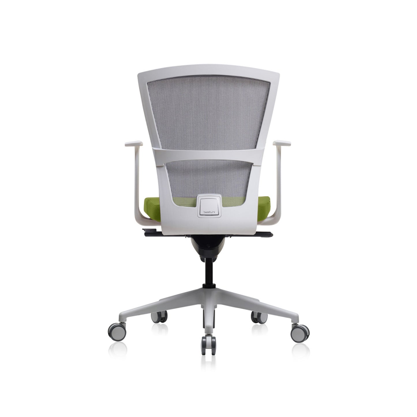 E1 Series Low Back Chair +Fixed Arms White/Green Fabric Seat