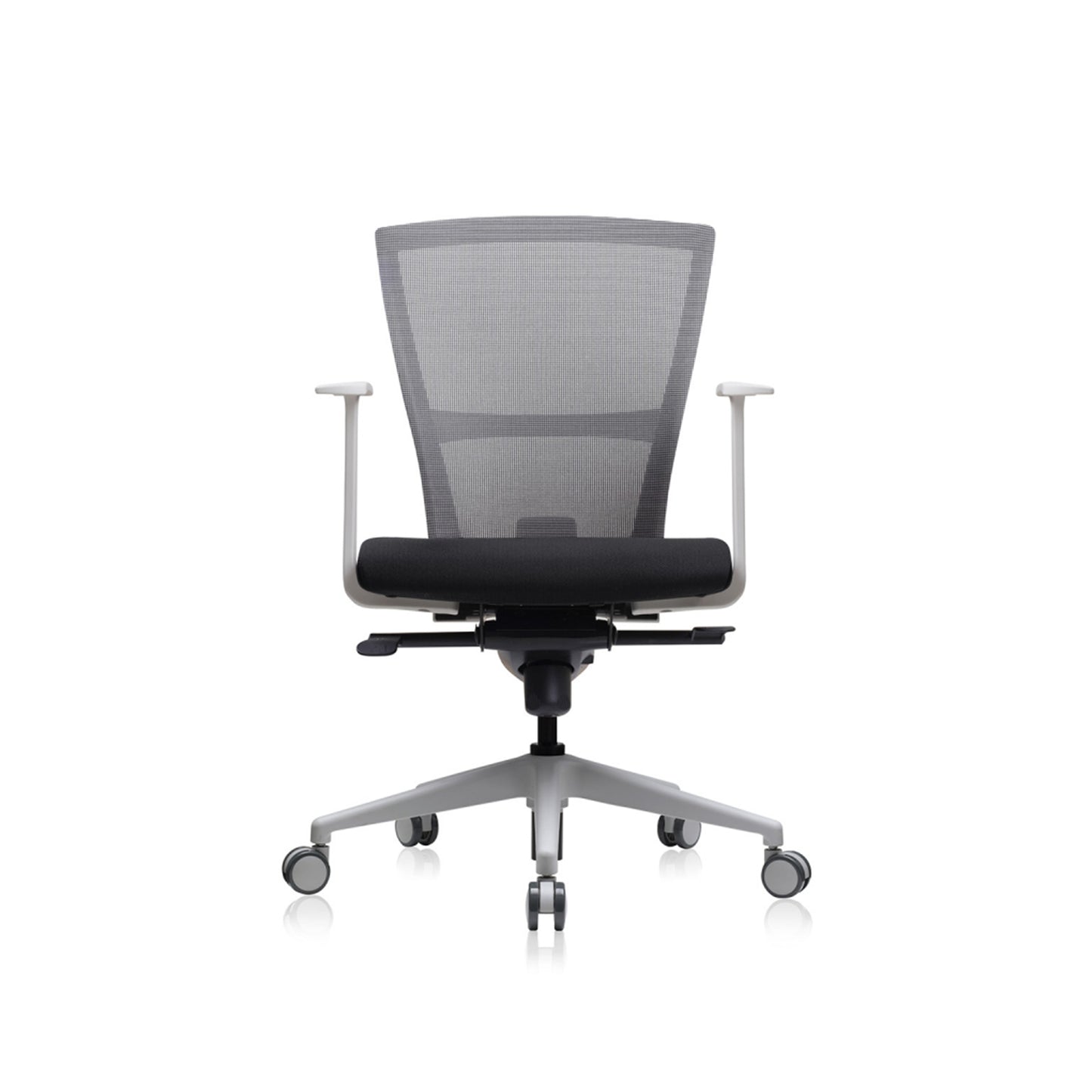 E1 Series Low Back Chair + Fixed Arms White/Grey Fabric Seat