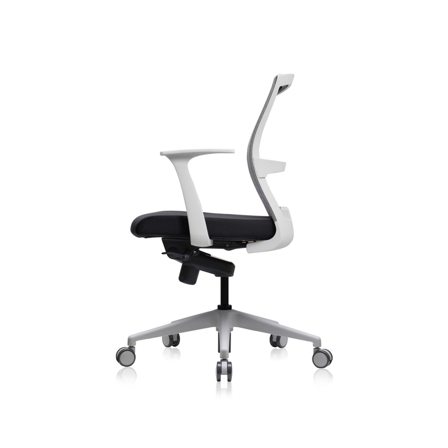 E1 Series Low Back Chair + Fixed Arms White/Grey Fabric Seat