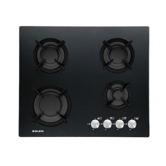 G.GAS Hob 60Cm 4 Gas Burners Ignition Crystal Glass Black
