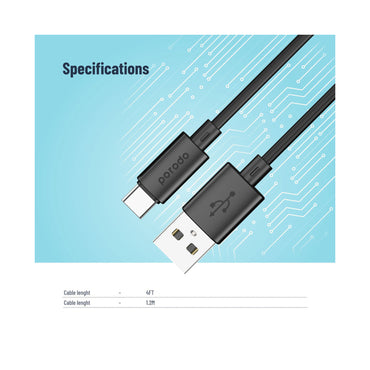 Porodo Blue 3A PD USB A to Type C PVC Cable 1.2M - Black