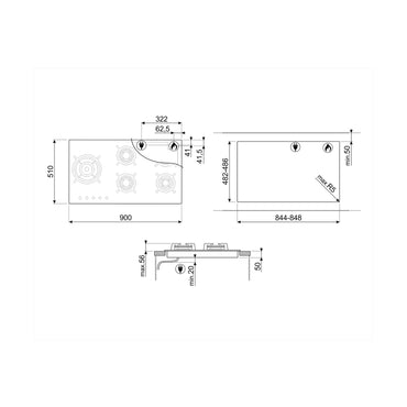 SMEG Hob 90 cm 5 Gas Burners Safety Classica Vitroceramic