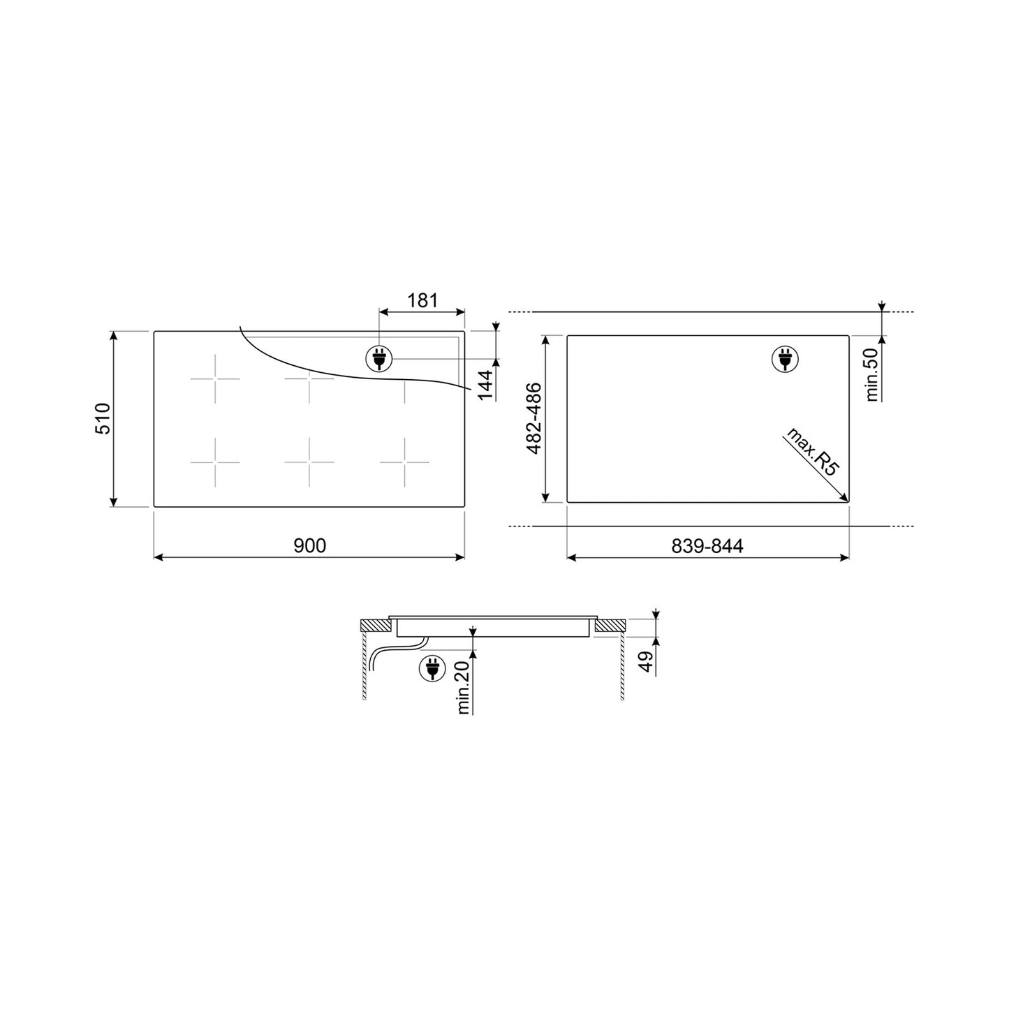 SMEG Hob 90 cm Induction 5 Cooking Zones Black