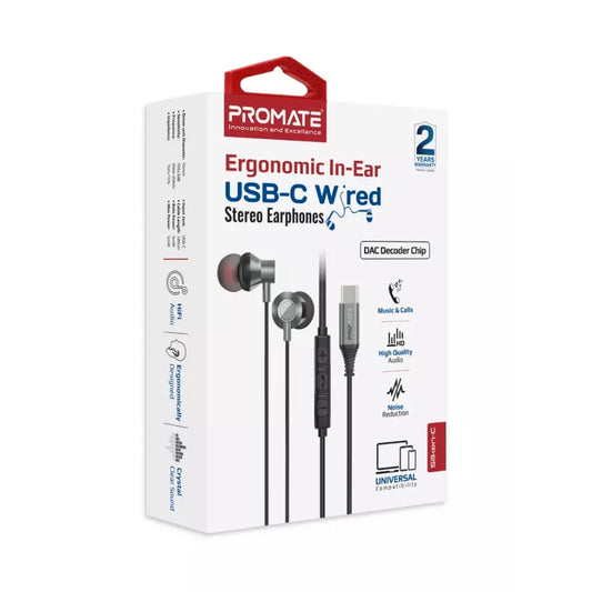 PROMATE Ergonomic In-Ear USB-C Wired Stereo Earphones