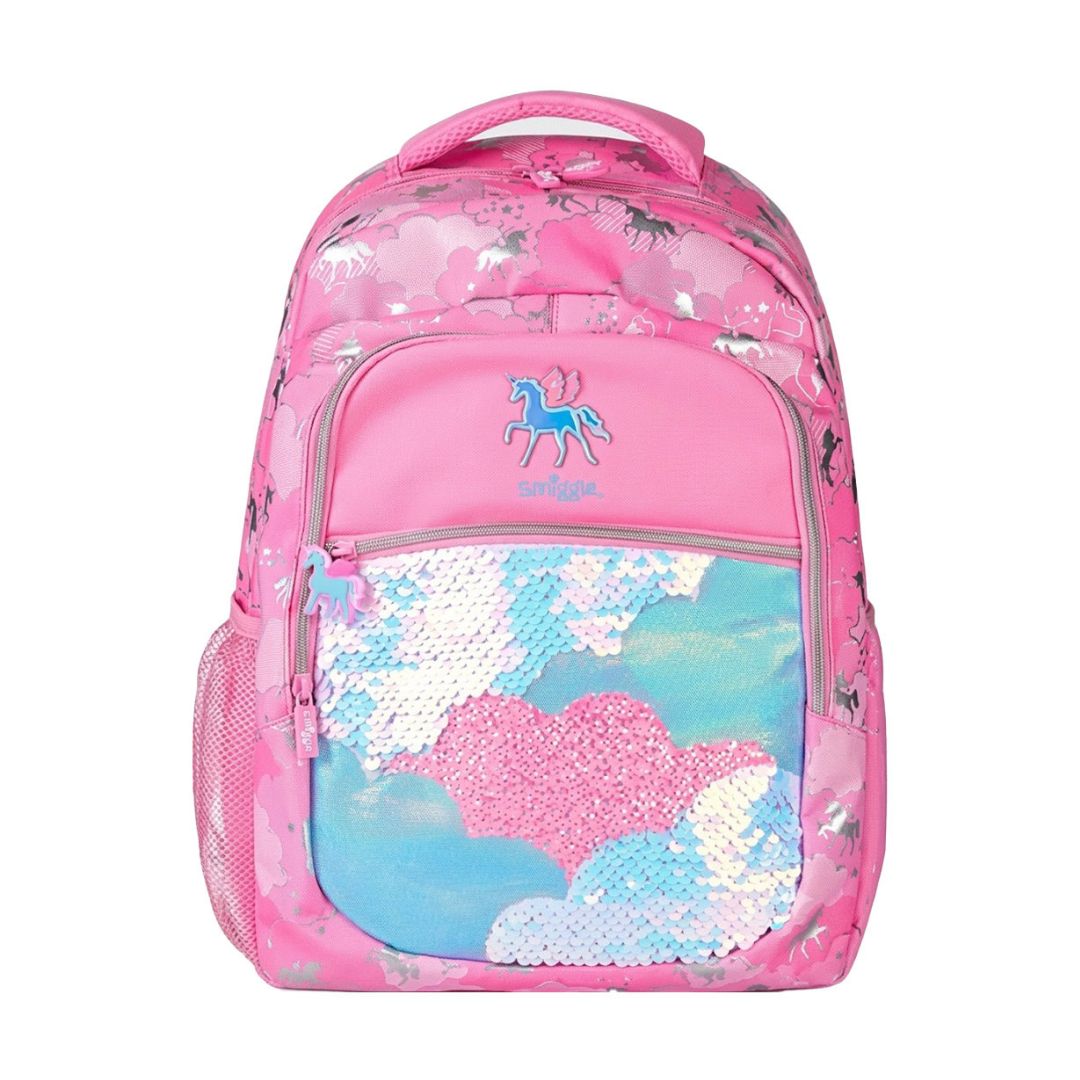 A pink children's backpack featuring a sequin cloud pattern on the front pocket, a blue embroidered unicorn logo, and silver horse silhouettes on a pink background.
