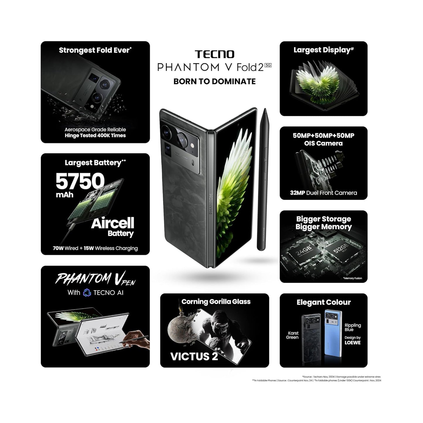 TECNO PhantomV Fold2 512GB-12G 100Days Screen Warranty Green