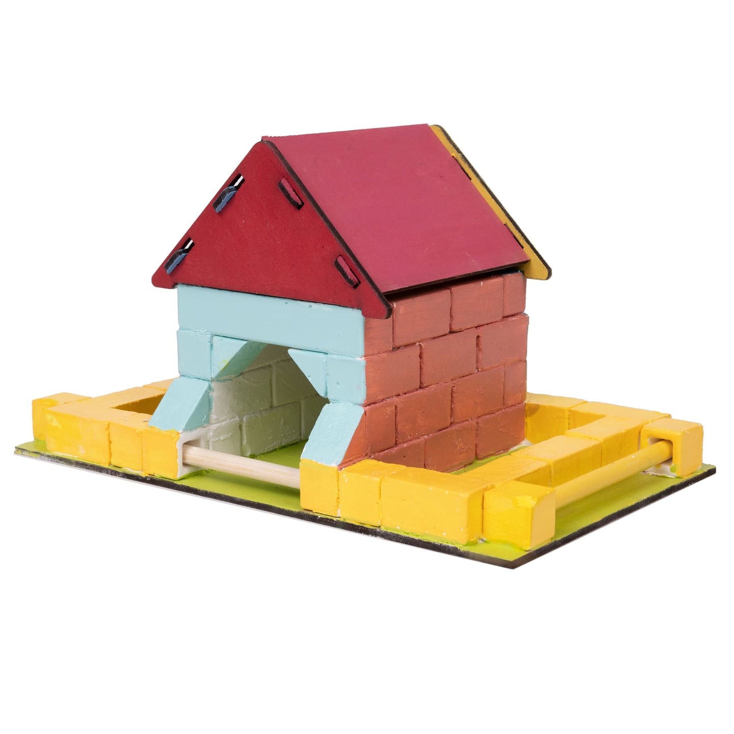 Colorful toy birdhouse building set on a white background