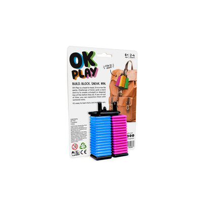 OK Play toy packaging with colorful blocks and a backpack on a white background