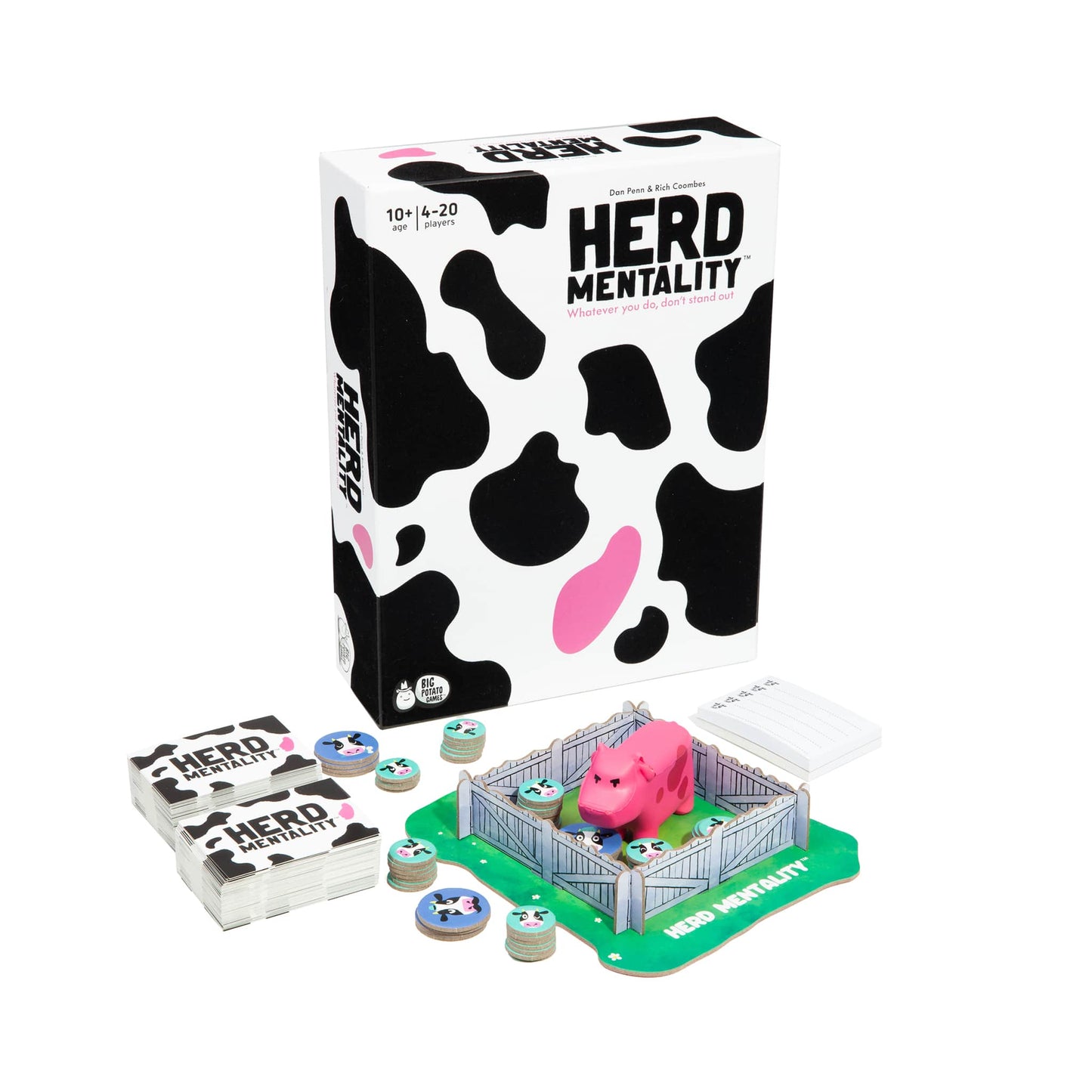 Board game set with 'Herd Mentality' packaging and game pieces on a white background