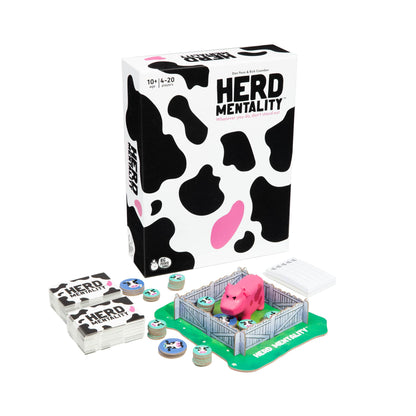 Board game set with 'Herd Mentality' packaging and game pieces on a white background
