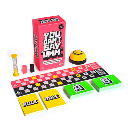 Board game set with components and pink box titled "You Can't Say Umm" on a white background