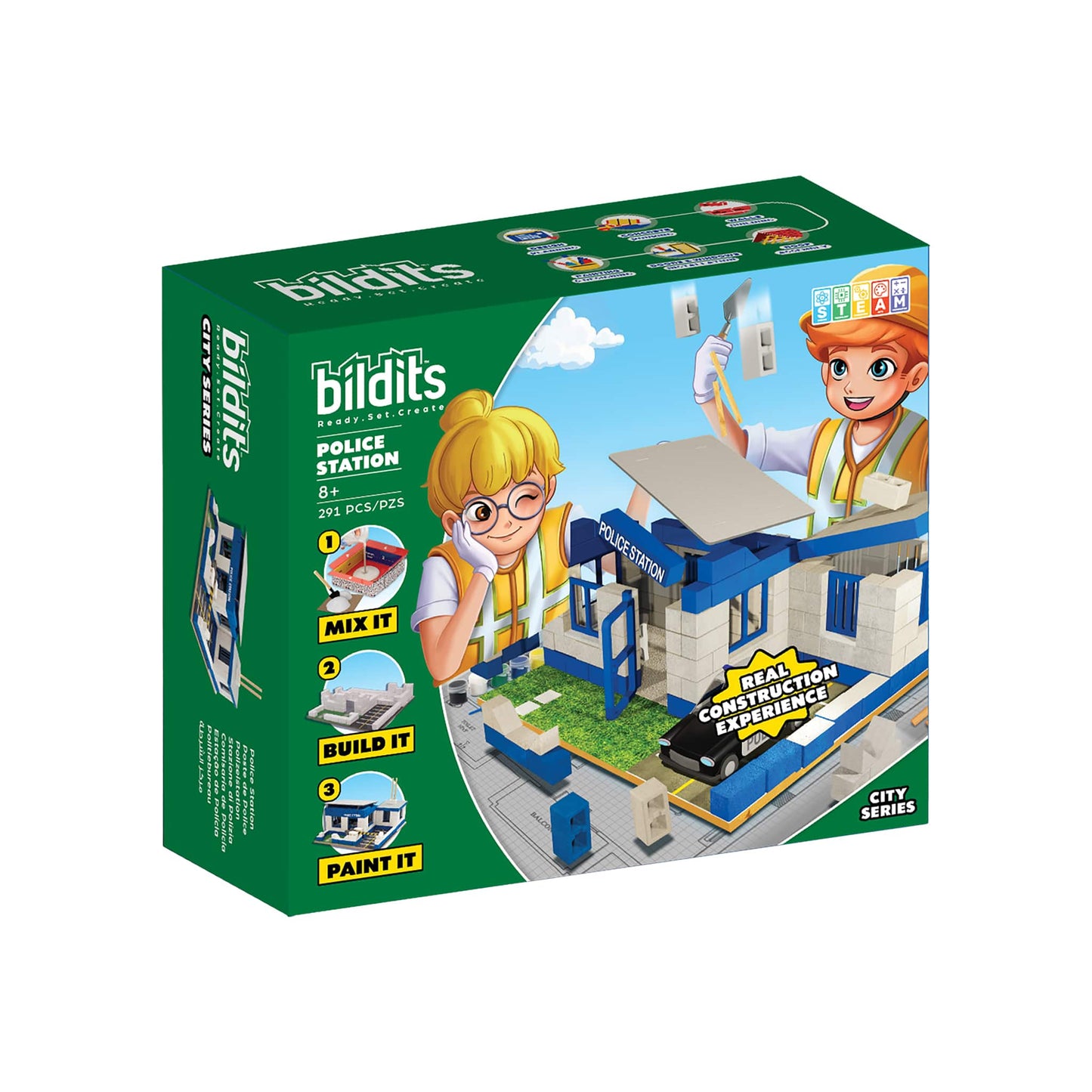 Bildits toy building set packaging with two characters and a police station model on a white background