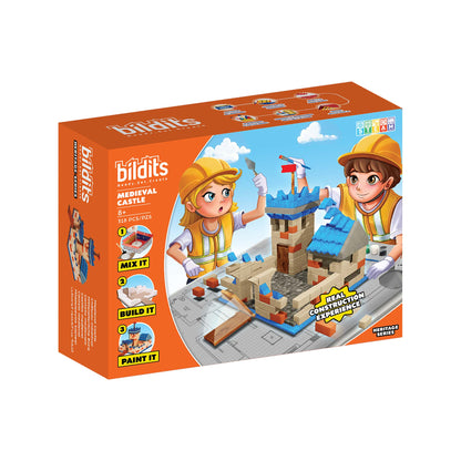 Bildits toy building set packaging with two children and a castle model on an orange background