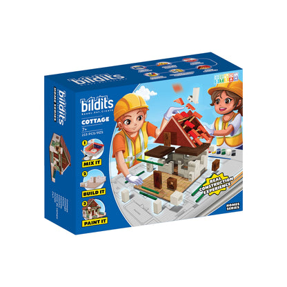 Bildits cottage building set packaging with two children and a house model on a white background