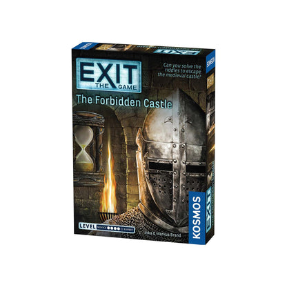 Boxed Exit: The Game with The Forbidden Castle title, featuring an image of a medieval castle and a sand timer, indicating a puzzle or escape room game theme.