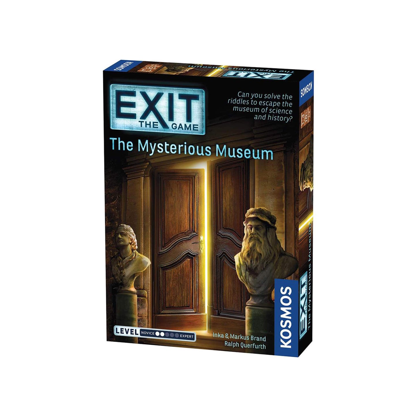 A boxed board game titled 'EXIT The Game: The Mysterious Museum' depicting a door and statues, indicating a museum setting.