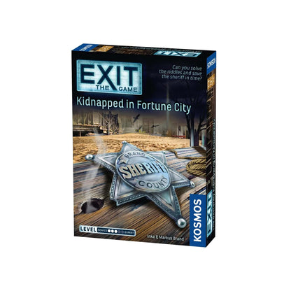 Box of the 'Exit - Kidnapped in Fortune City' board game featuring a sheriff's badge and a western town backdrop.