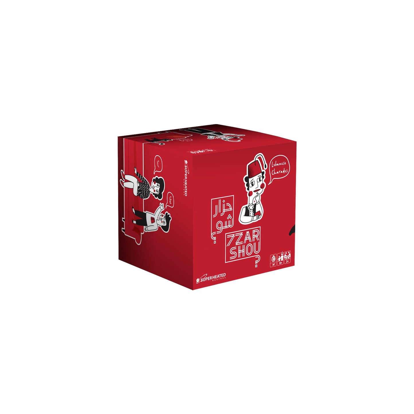 7zar shou Red lebanese charades game box with white graphics and text on a white background