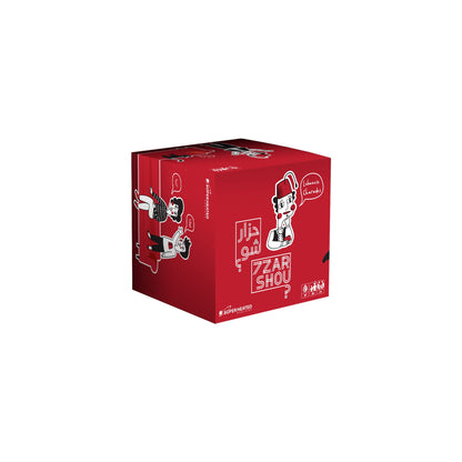 7zar shou Red lebanese charades game box with white graphics and text on a white background