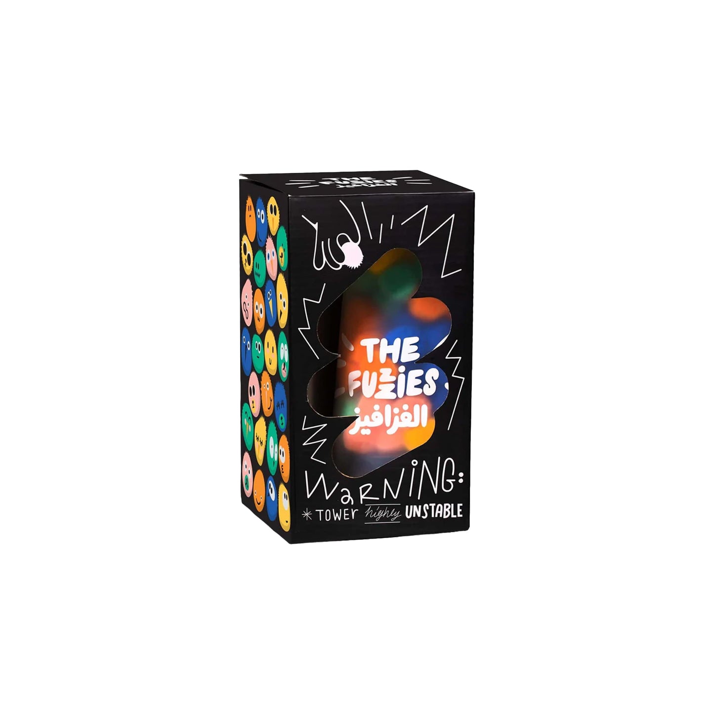 A boxed board game titled 'The Fuzzies' with colorful ball-shaped pieces visible through a window, with text in English, Arabic, and French.