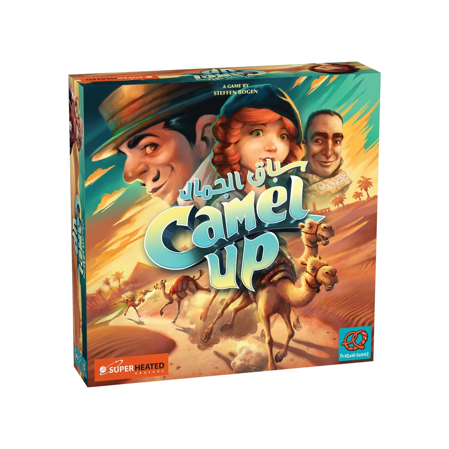 Board game box for 'Camel Up' with characters and desert scene on the cover