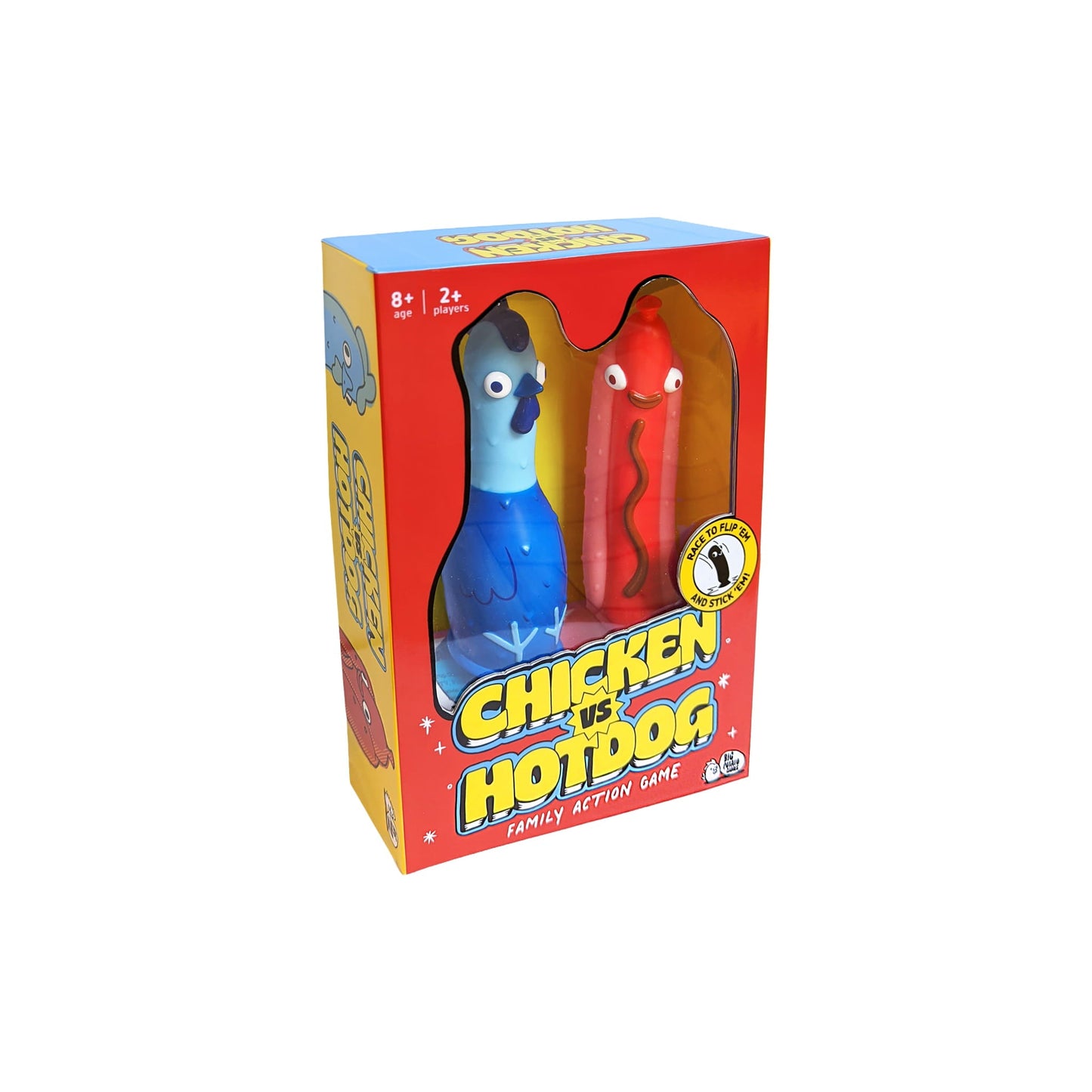 Box of 'Chicken vs Hotdog' family action game with blue chicken and red hotdog figures.