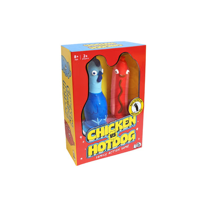 Box of 'Chicken vs Hotdog' family action game with blue chicken and red hotdog figures.