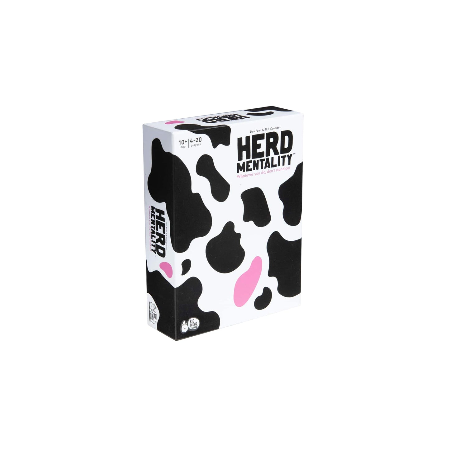 Board game box titled 'Herd Mentality' with black and white cow print design on a white background