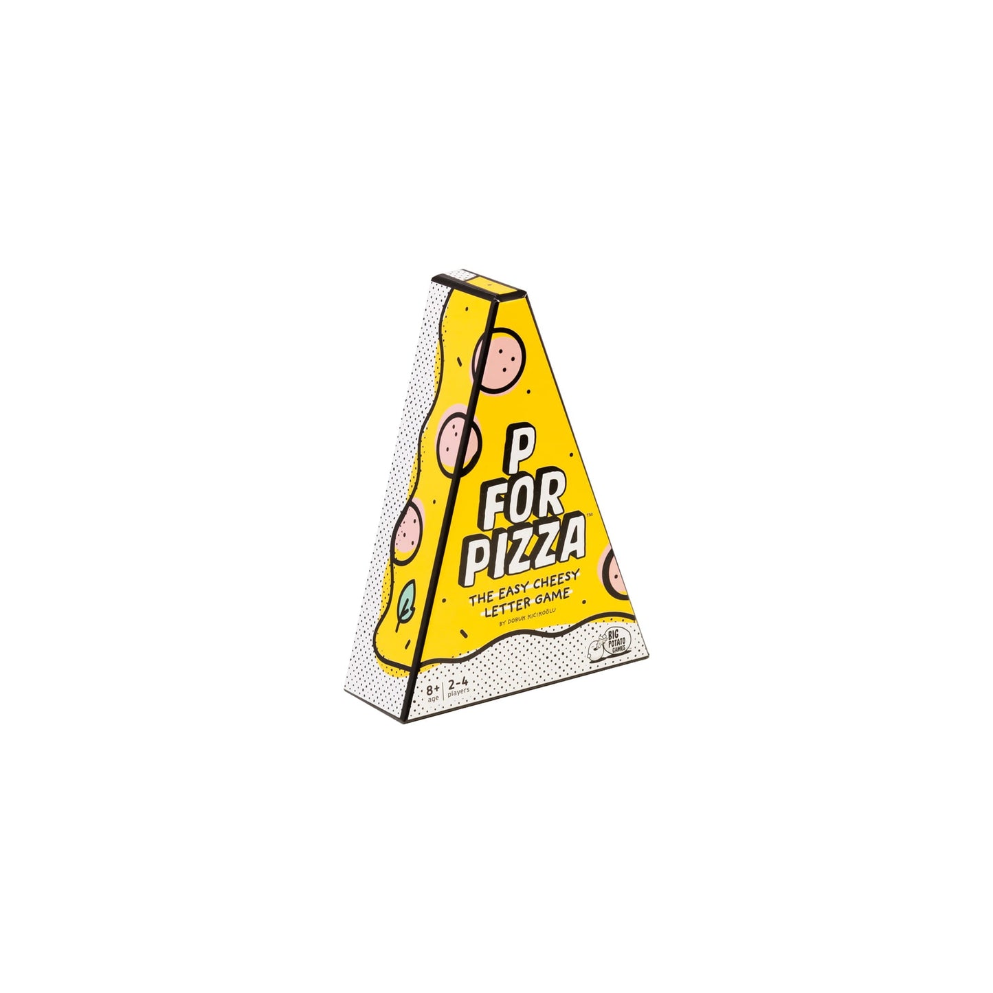 Yellow box 'P for pizza' shaped like a pizza on a white background