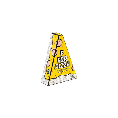 Yellow box 'P for pizza' shaped like a pizza on a white background