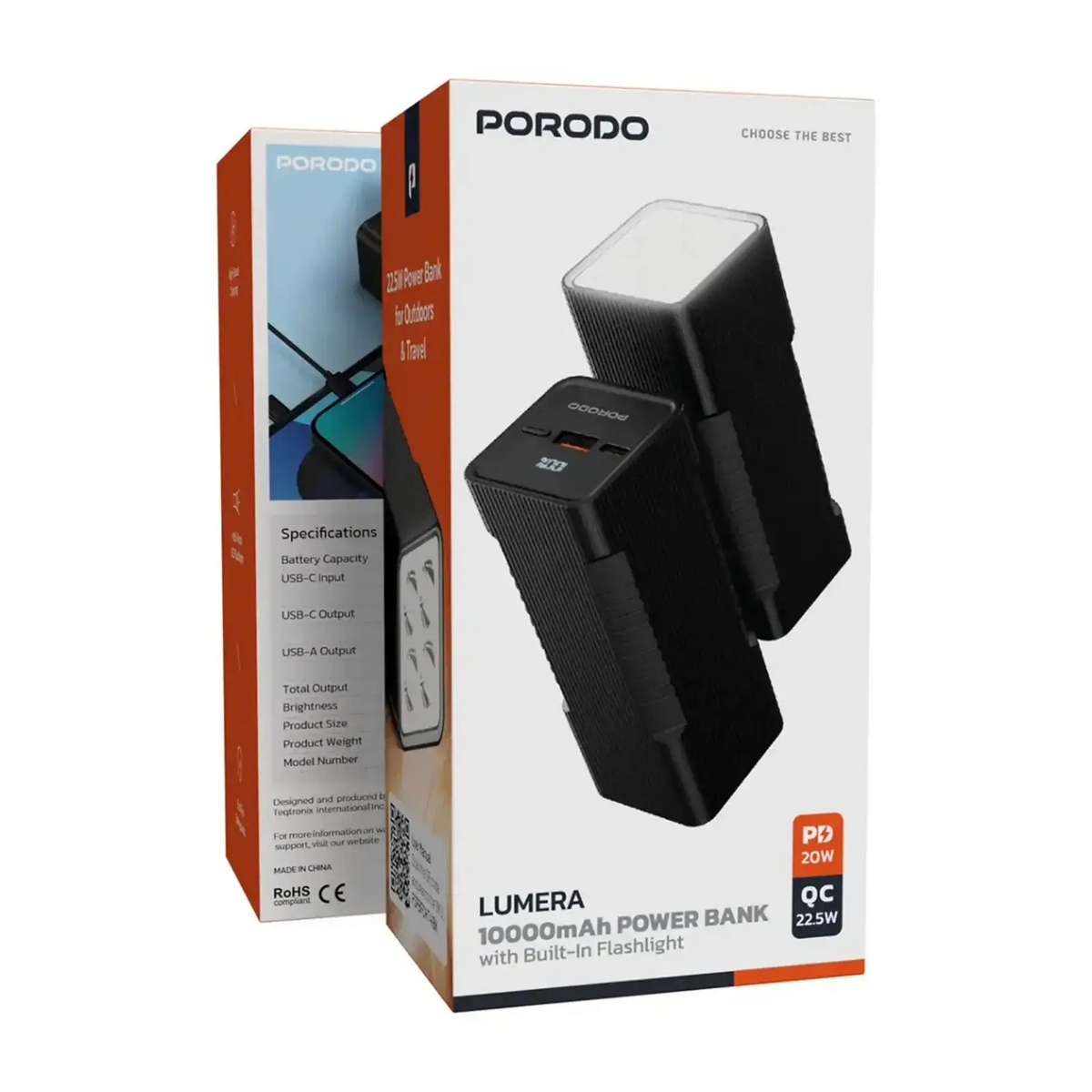 Porodo Lumera 22.5 W 10000 mAh Powerbank Flash Light - Black