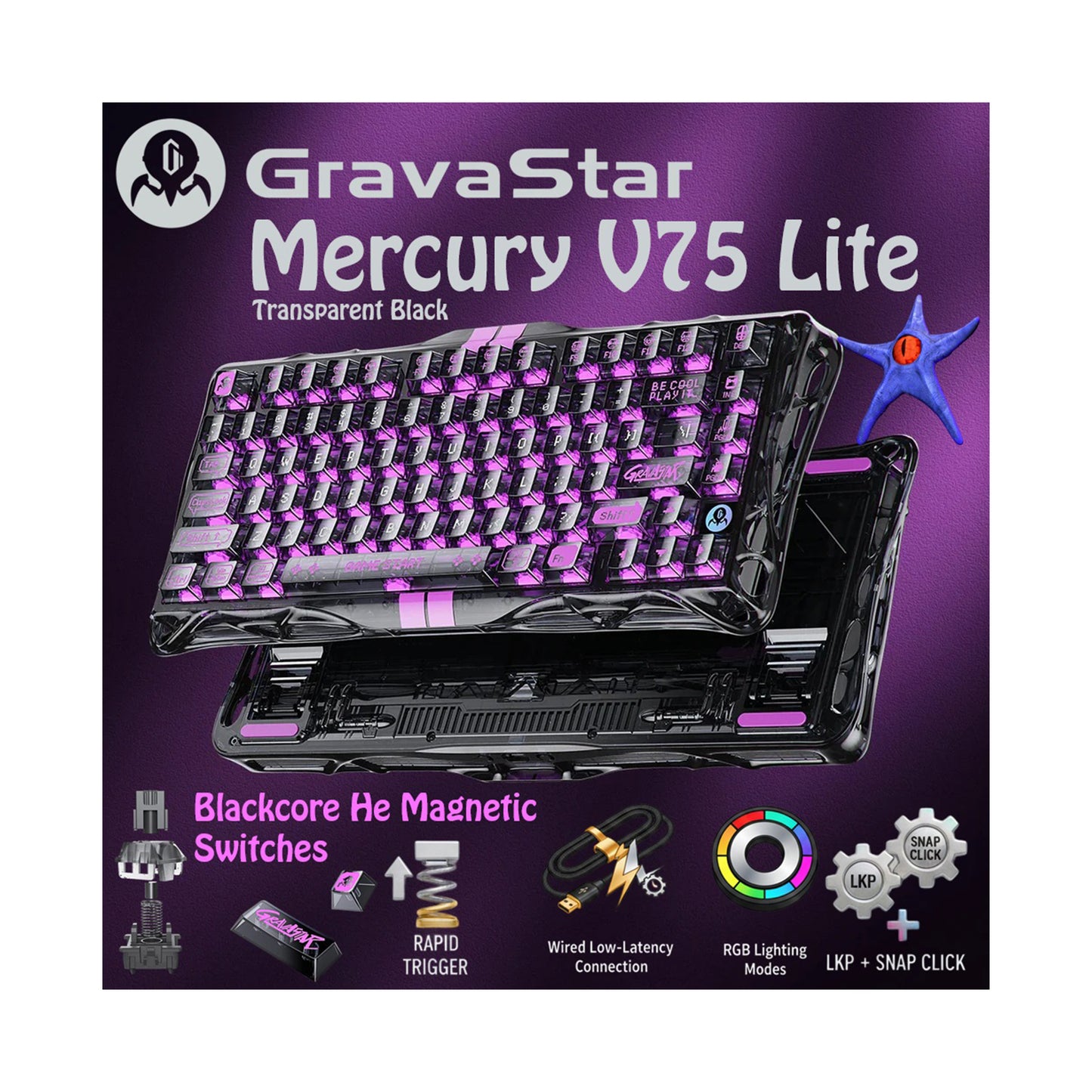 GravaStar Mercury V75 Lite Gaming Keyboard & RGB Trans-Black GravaStar