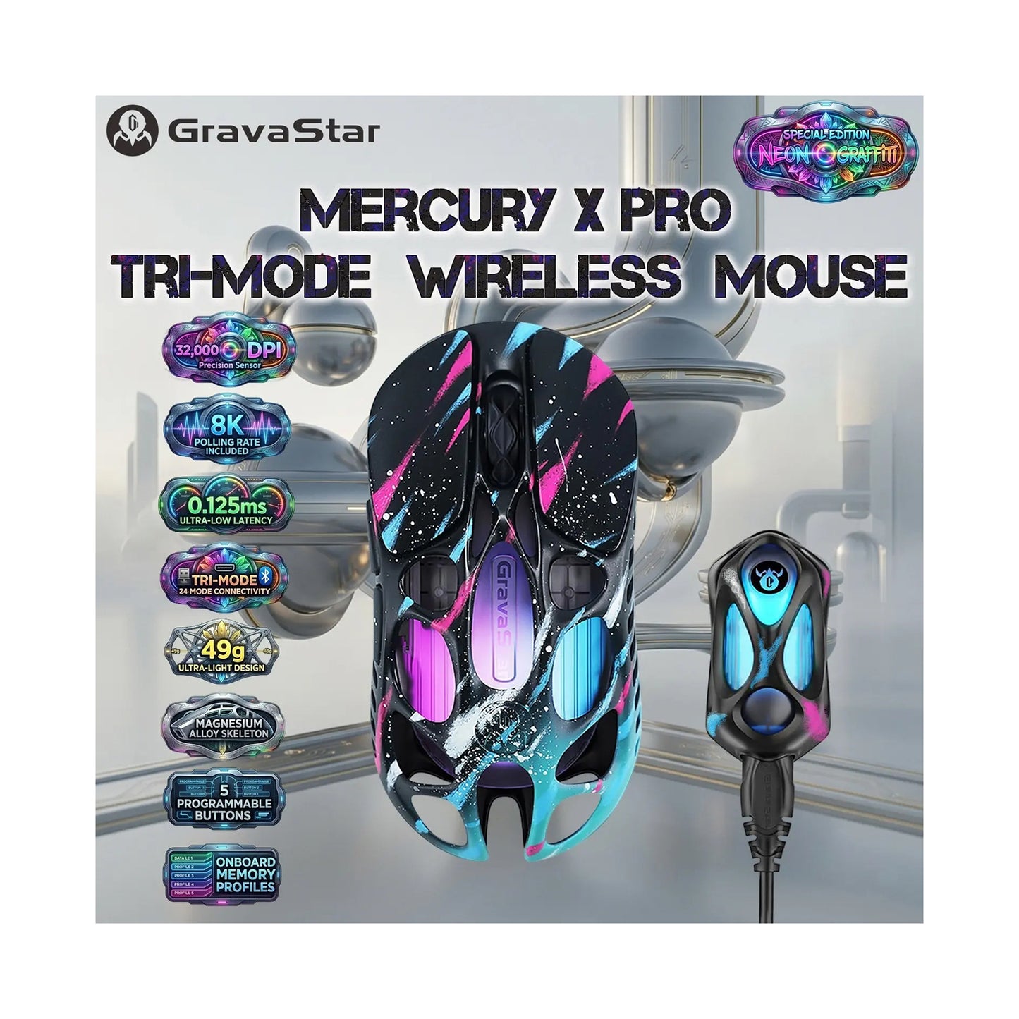 GravaStar Mercury X Pro Wireless Gaming Mouse Neon Graffiti