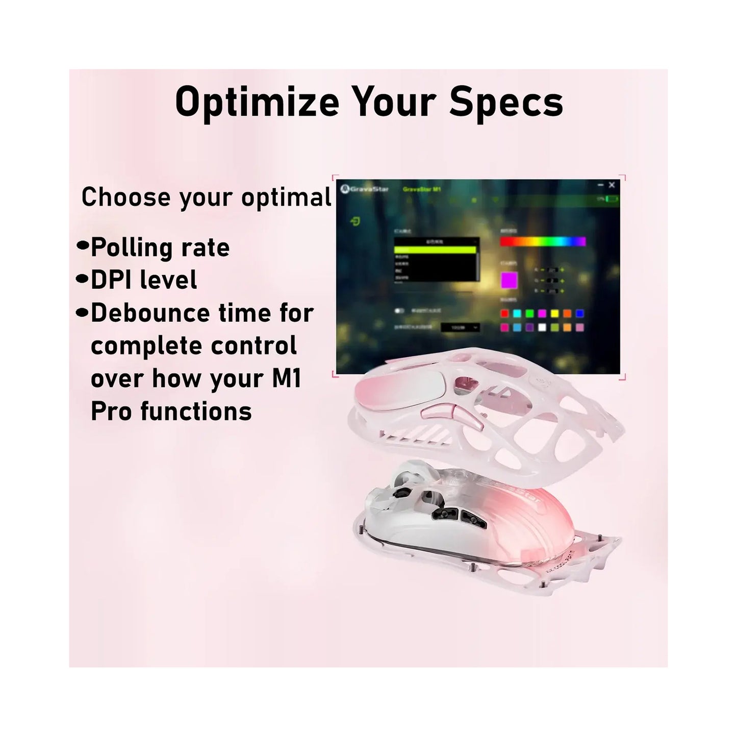 GravaStar Mercury M1 Pro Tri Mode Wireless Gaming Mouse Pink