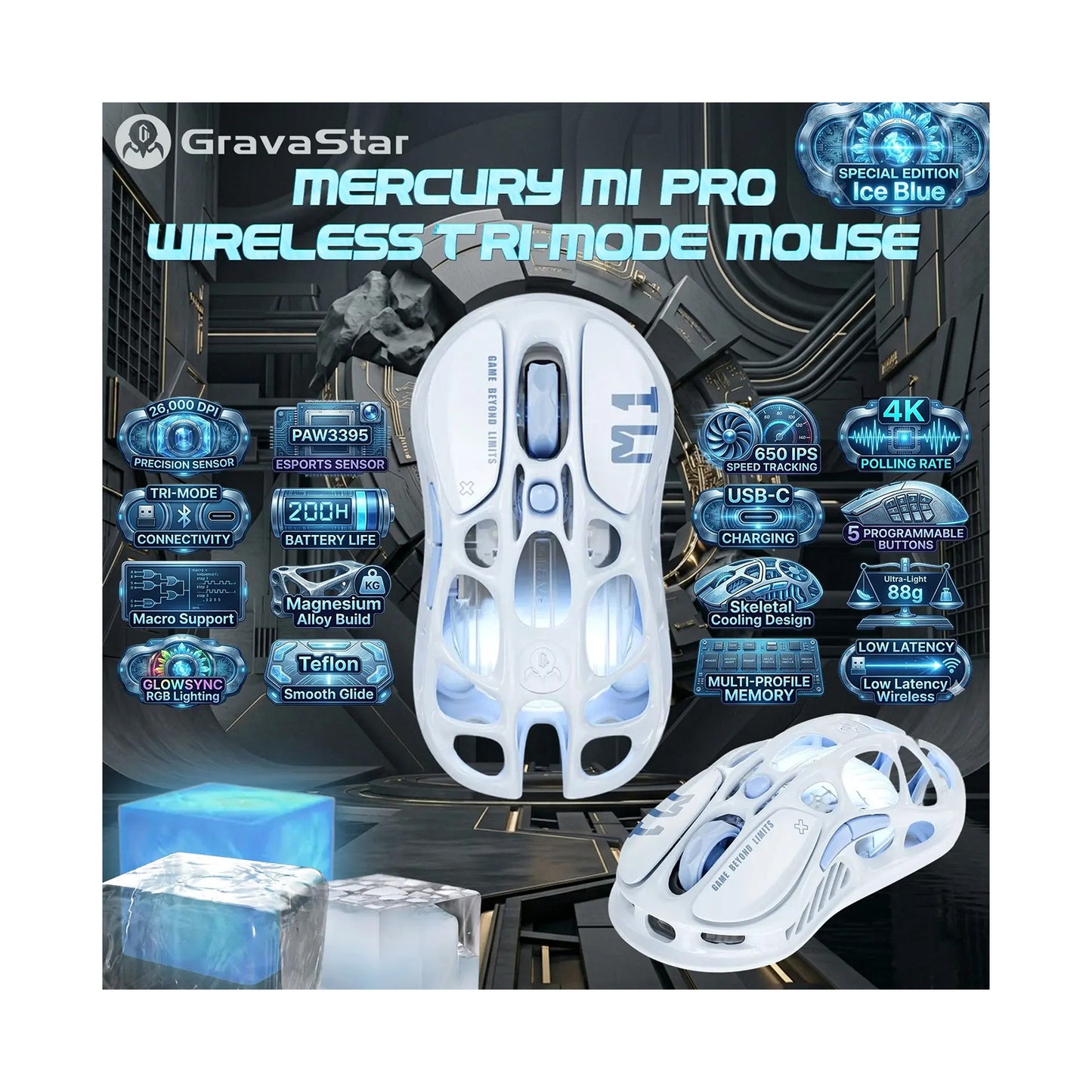GravaStar Mercury M1 Pro Tri Mode Wireless Gaming Mouse Blue