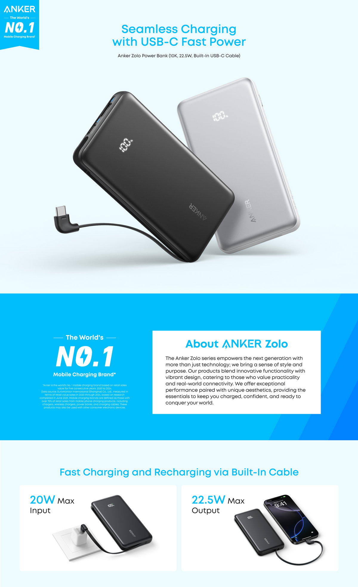 Anker Zolo Power Bank 10K, 22.5W, Built-In USB-C Black