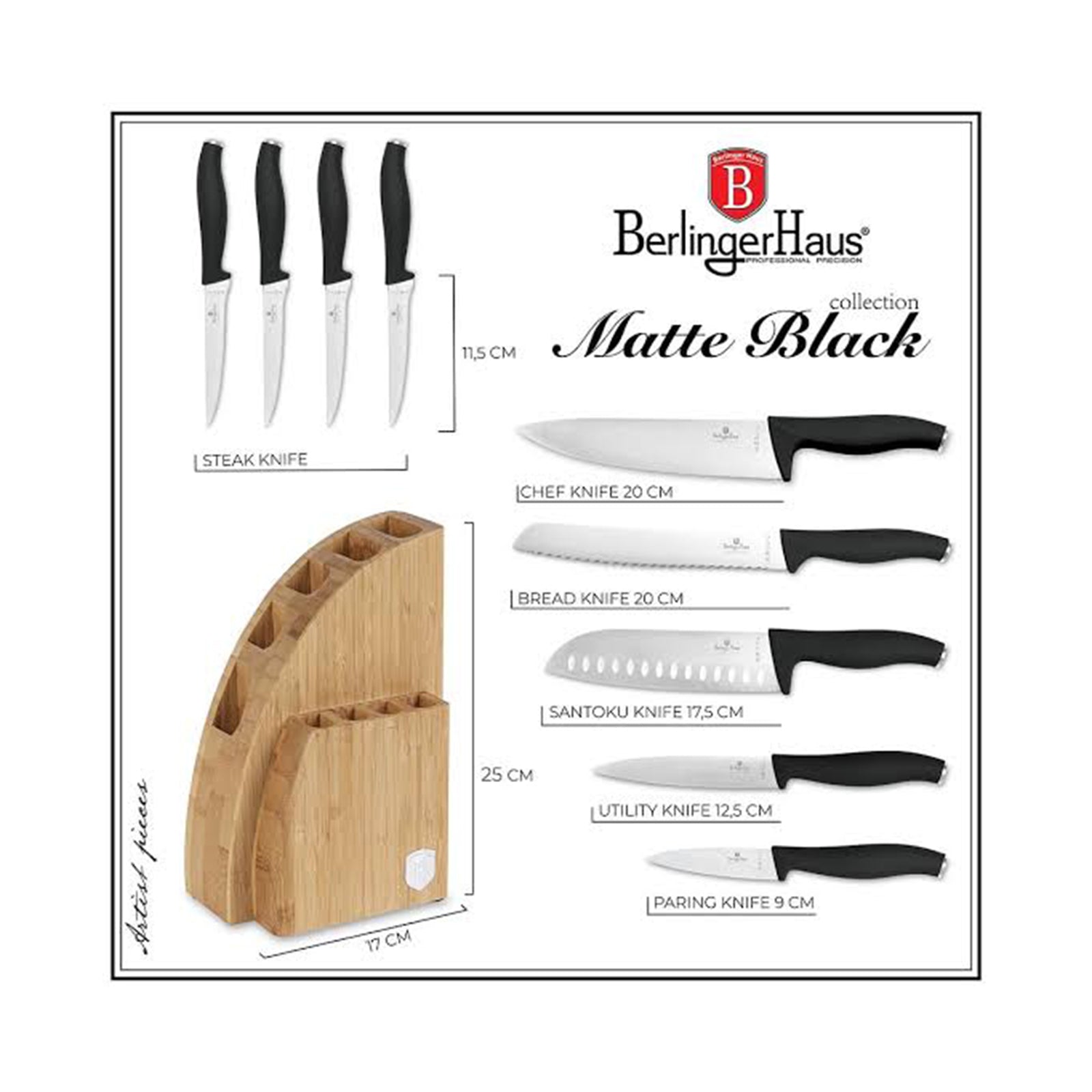 Berlinger 10 pcs knife set with BAMBOO stand, Black Matte