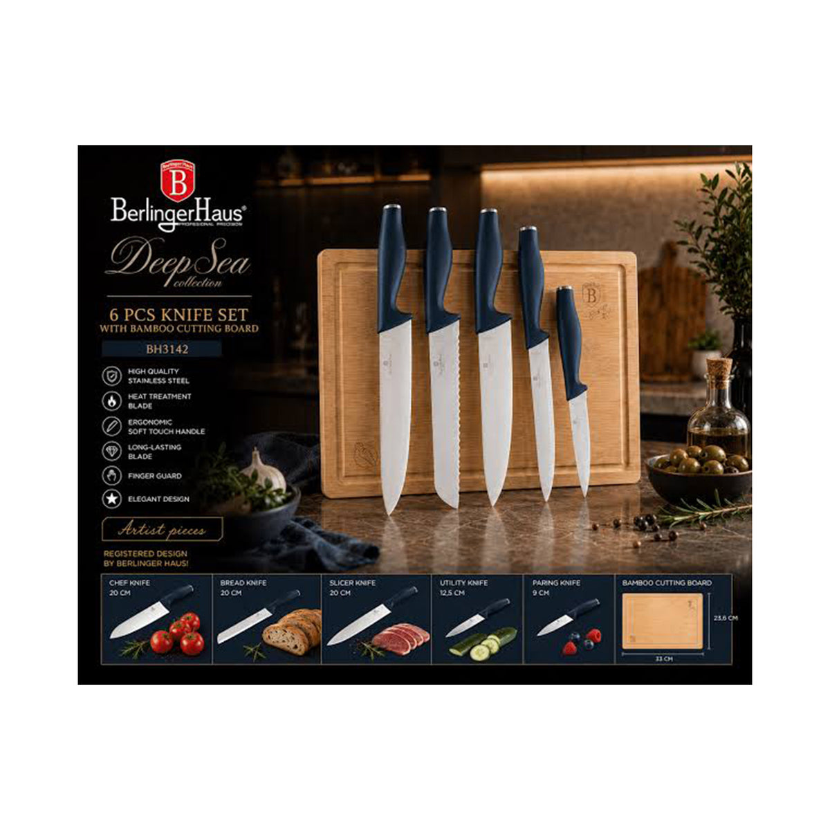 Berlinger 6 pcs knife set w cutting board, Deep Sea BERLINGER HAUS