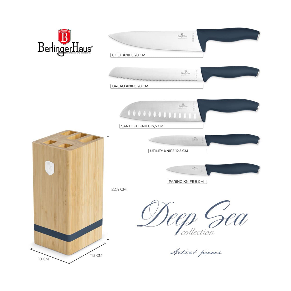 Berlinger 6 pcs knife set with BAMBOO stand, Deep Sea