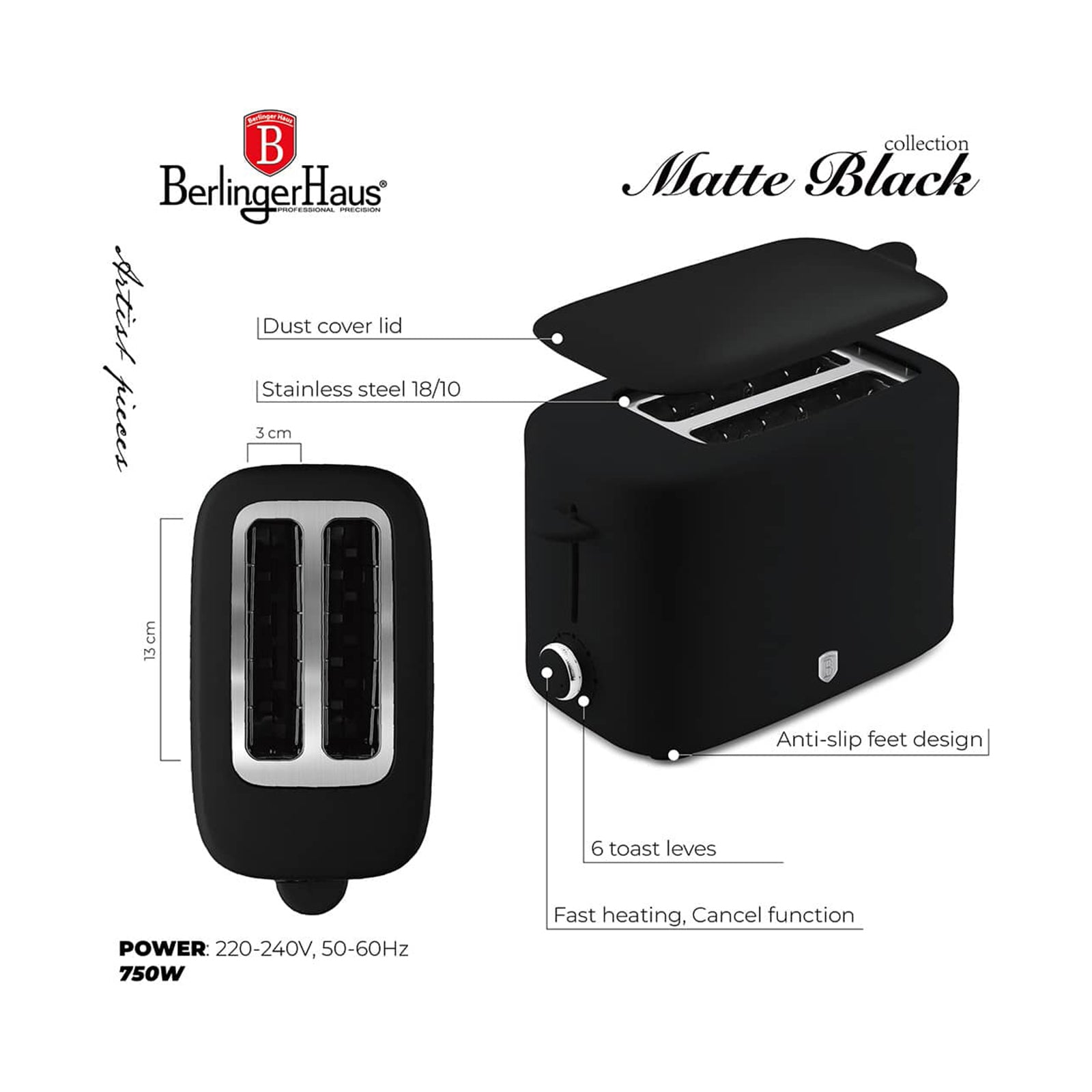 Berlinger Haus Toaster with Cover 750W Matte Black