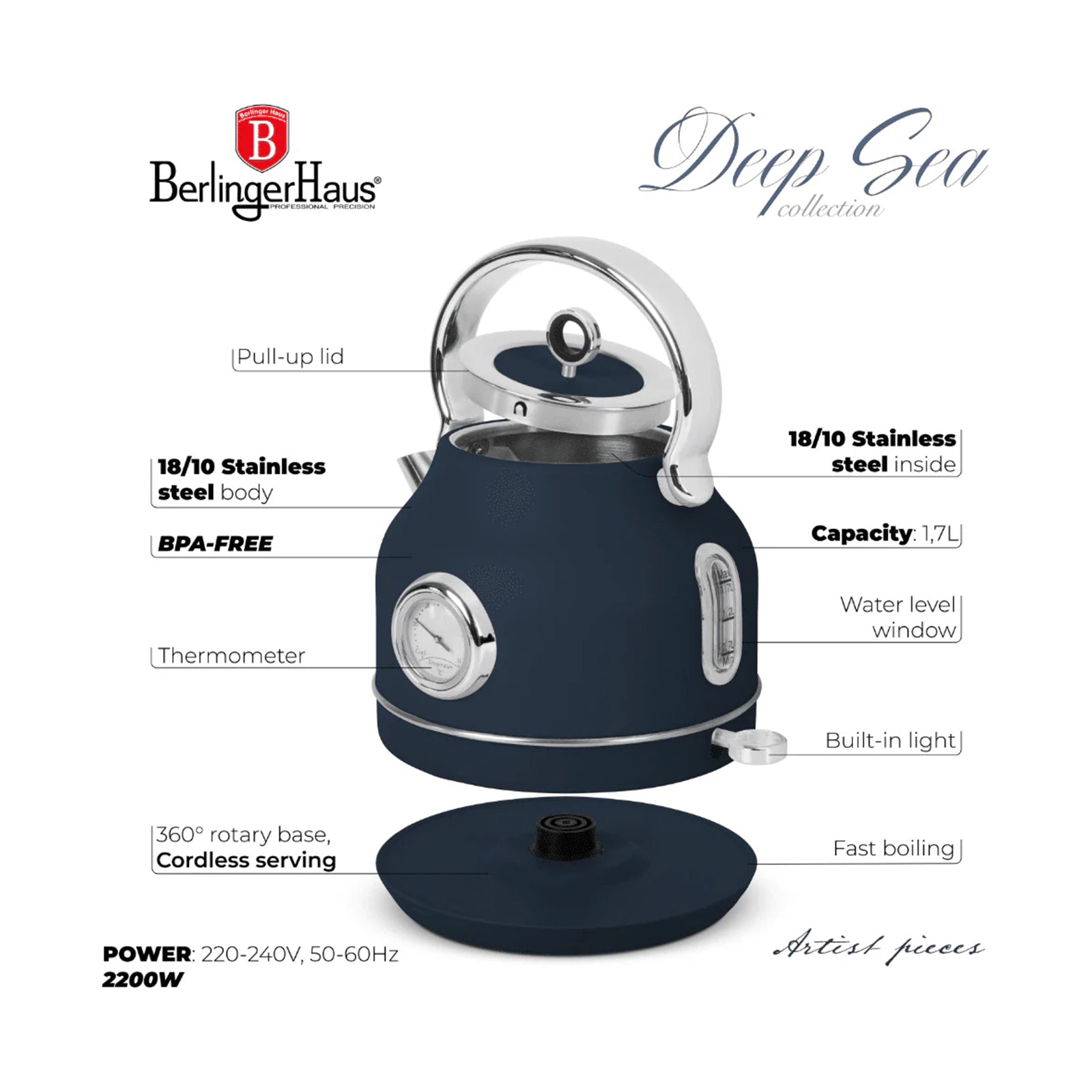 Berlinger Electric kettle , 2200W Deep Sea Collection