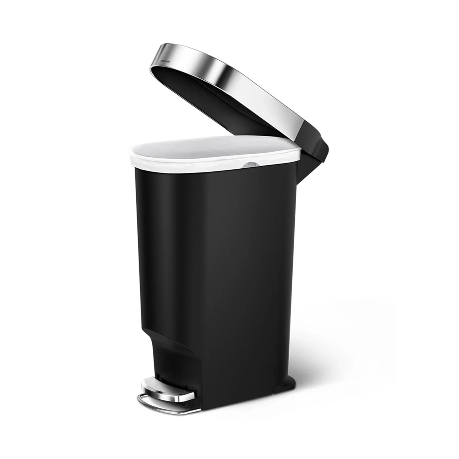 40L Slim Plastic Pedal Bin, Black W/Steel Trim
