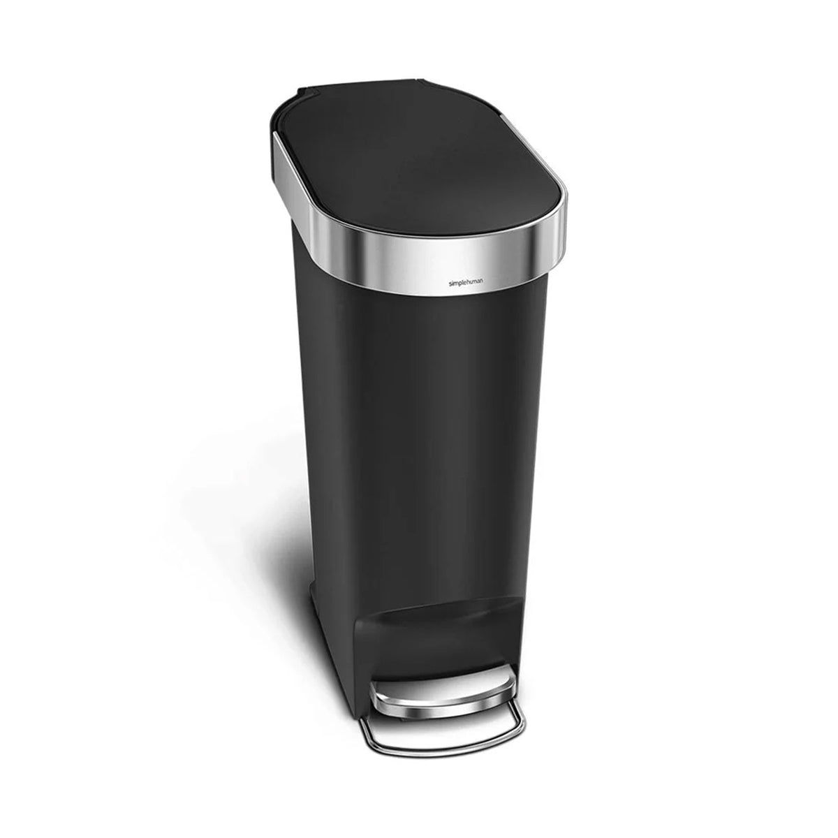 40L Slim Plastic Pedal Bin, Black W/Steel Trim