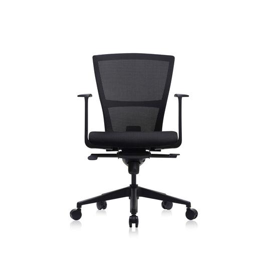E1 Series Low Back Chair +Fixed Arms Black/Black Sky Leather